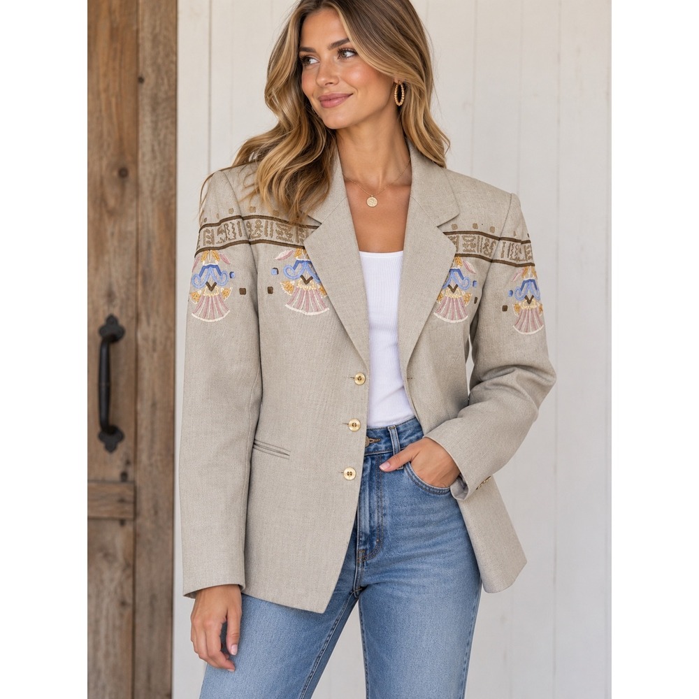 Vintage IB Diffusion Egyptian Motif Embroidered Linen Blend Blazer